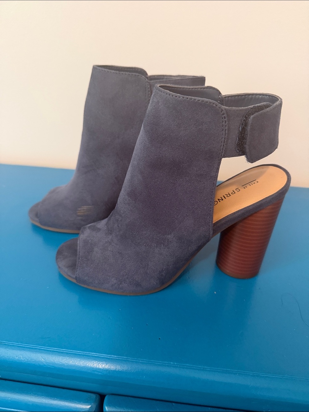 Call It Spring Navy Suede Open-Toe Block Heel Booties